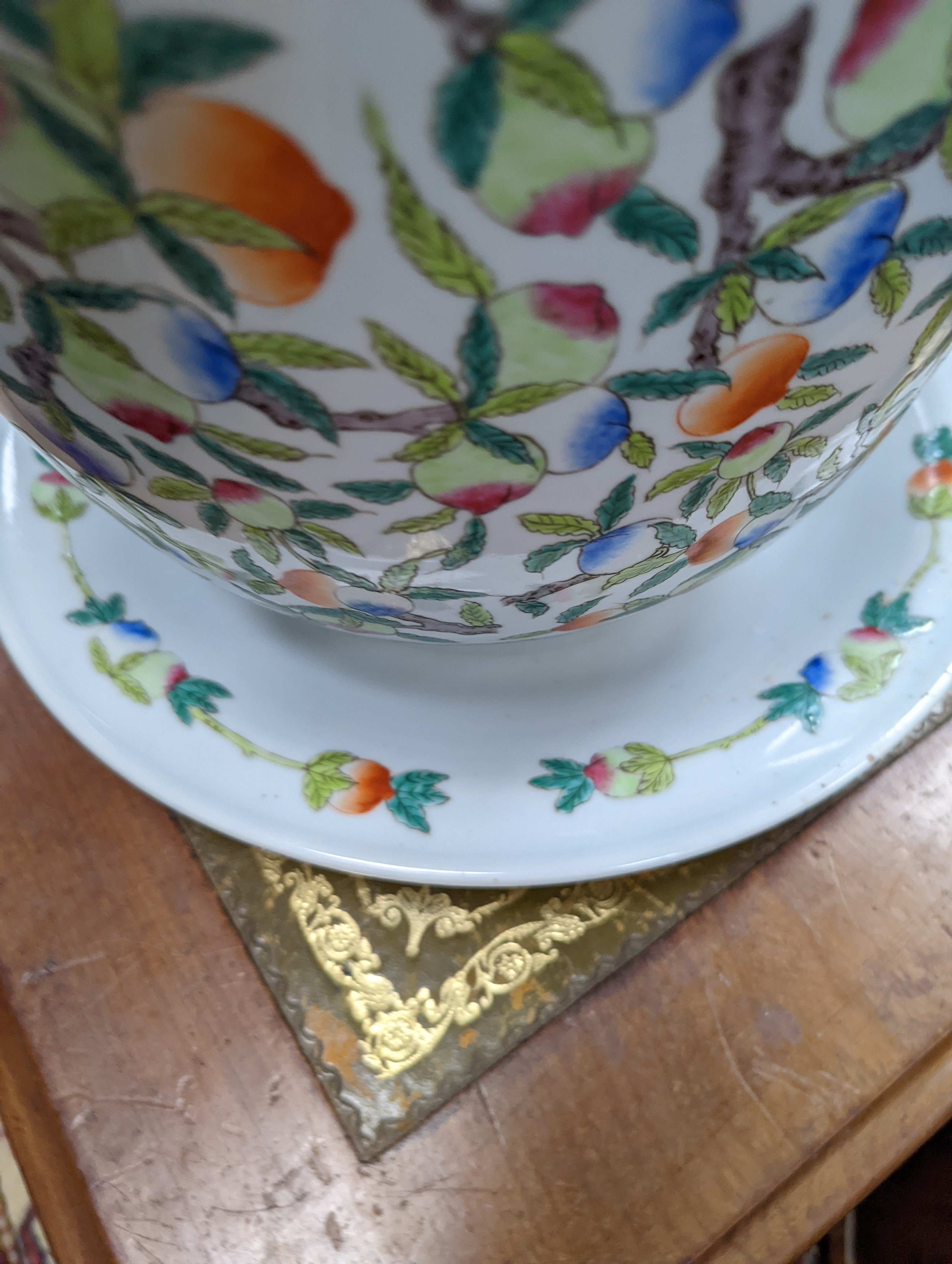 A 20th century Chinese porcelain jardiniere and dish, diameter 36 cms.